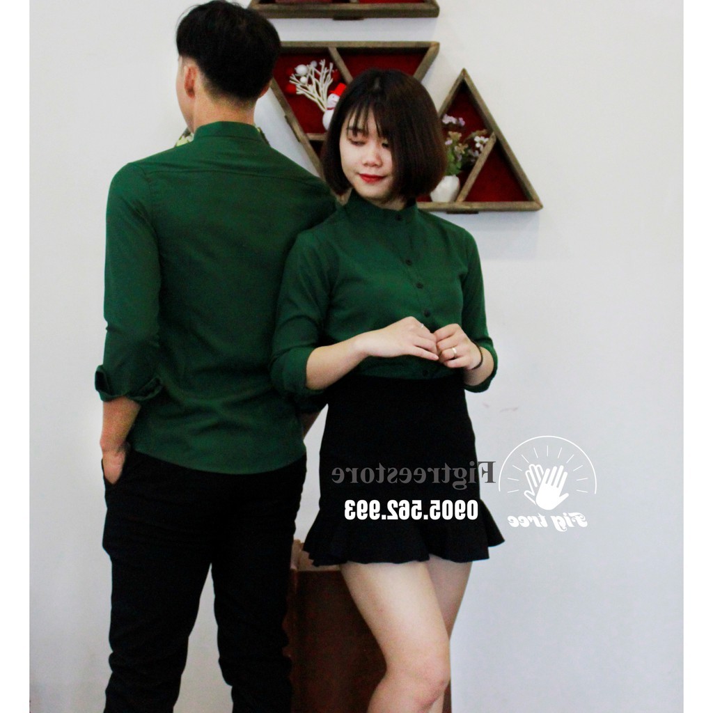 Áo sơ mi cặp cổ trụ xanh rêu hot