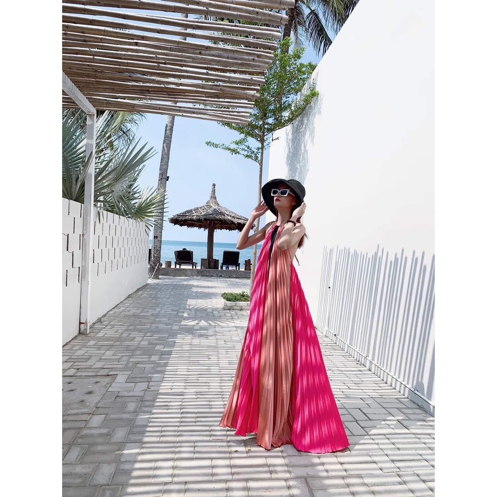 Đầm maxi đi biển váy đi biển phối màu cổ yếm có mút ngực chất liệu Lụa Satin xinh đẹp sang trọng XUKA-DRESS DT050