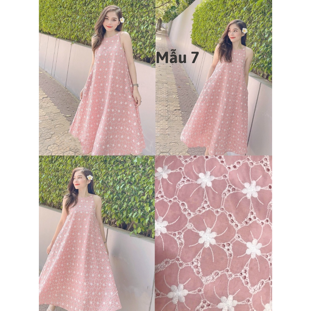 Đầm maxi form rộng chữ A, Đầm yếm dáng suông dài qua gối Cao Cấp vải kate trắng thêu hoa nhí, sát nách cổ tròn - MiNhi