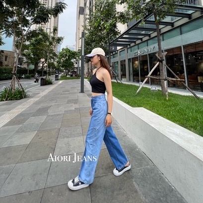 Quần Jean Ống Rộng AIORI Lưng Cao Loang Màu Rách Hông_A048