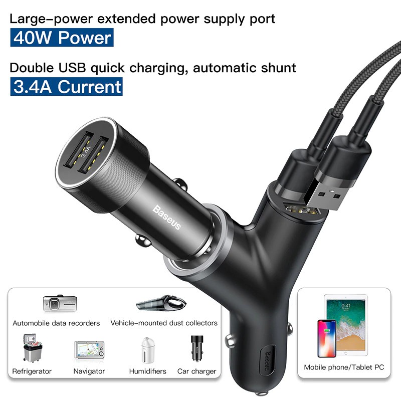 Tẩu Sạc Oto Chữ Y 2 Cổng USB 1 Cổng Mở Rộng Baseus Y Type Dual USB And Cigarette Lighter Extended Car Charger