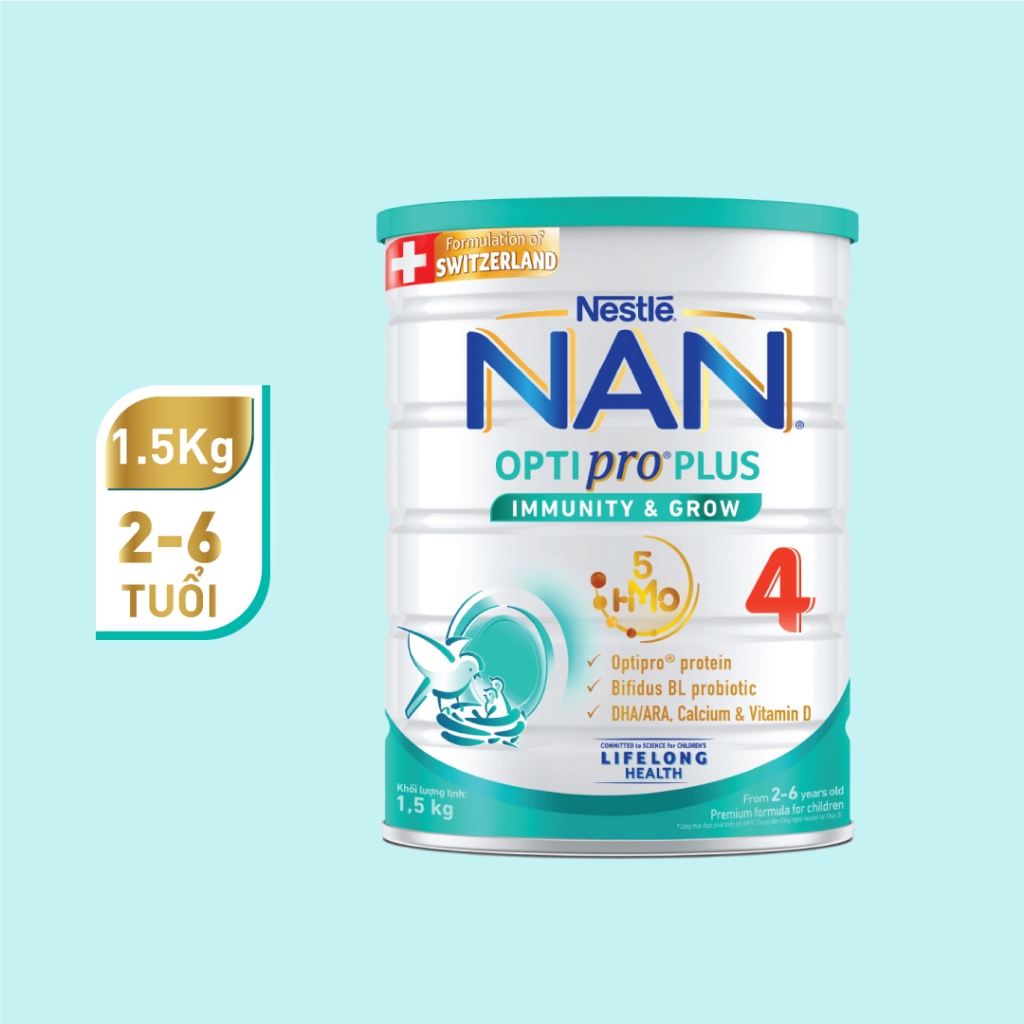 Bộ 2 Lon sữa bột Nestlé NAN OPTIPRO PLUS 4 1500g/lon với 5HMO Giúp tiêu hóa tốt