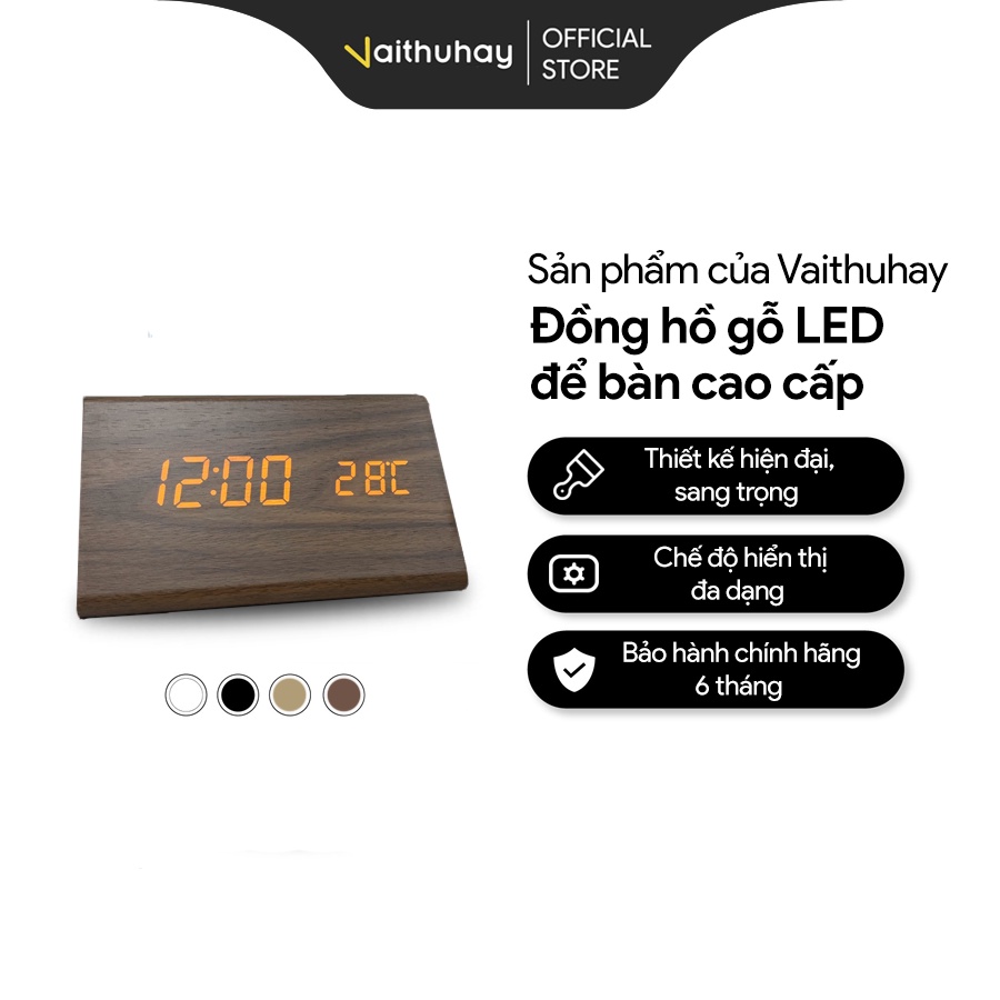 Đồng Hồ Gỗ Led Vaithuhay Để Bàn Hình Chữ Nhật Phiên Bản Hiển Thị Nhiệt Độ Pin Sạc - USB