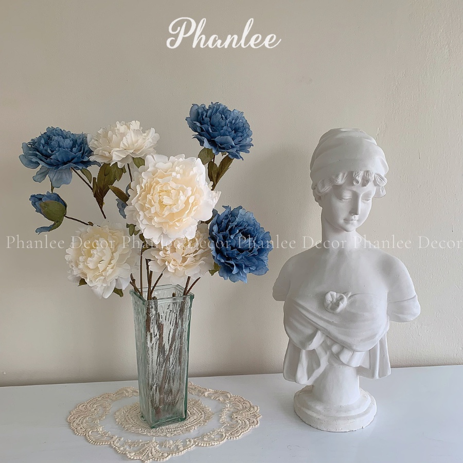 Hoa mẫu đơn - Hoa lụa cao cấp 2 bông 1 nụ, decor phòng ngủ Phanlee