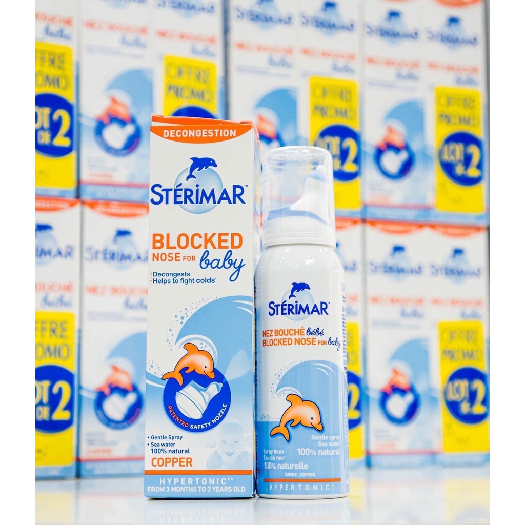 Xịt mũi nước muối biển. Xịt mũi cá heo Sterimar  - giúp làm sạch, hết nghẹt mũi cho trẻ sơ sinh