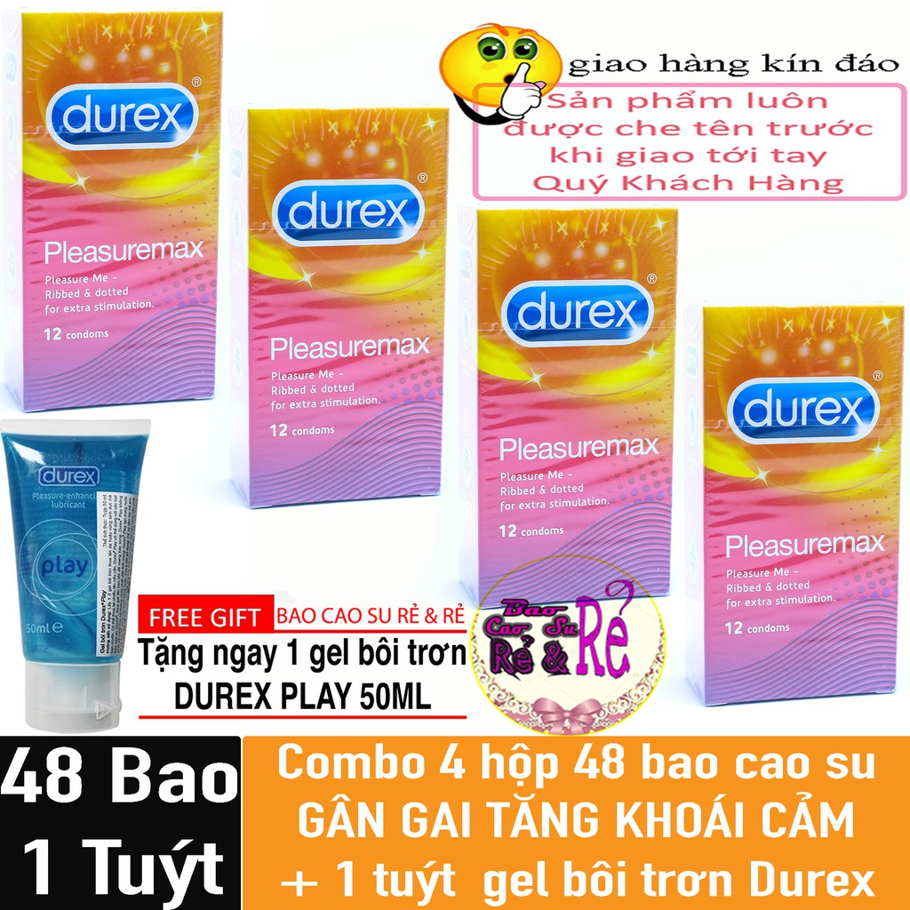 [FREE SHIP] 4 Hộp 48 cái Bao Cao Su GÂN GAI Durex PleasuareMax + 1 Tuýt gel bôi trơn Durex Play