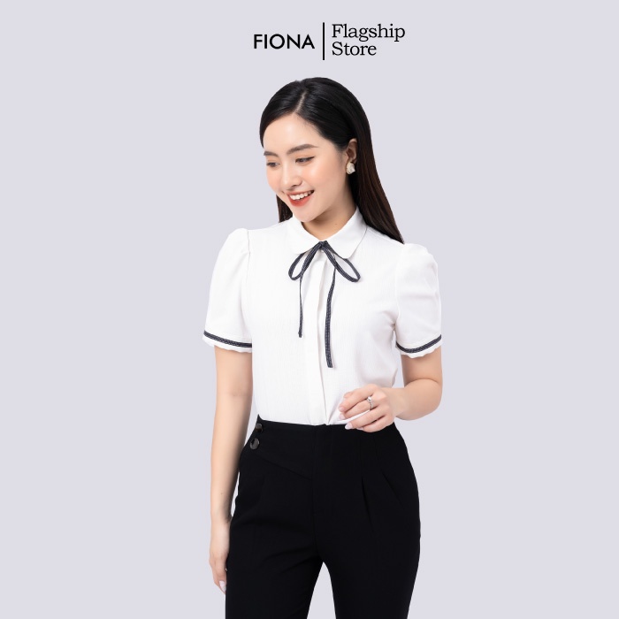 Áo sơ mi nữ tay cộc xếp ly FIONA, sơ mi công sở màu trắng dáng suông mã F551216