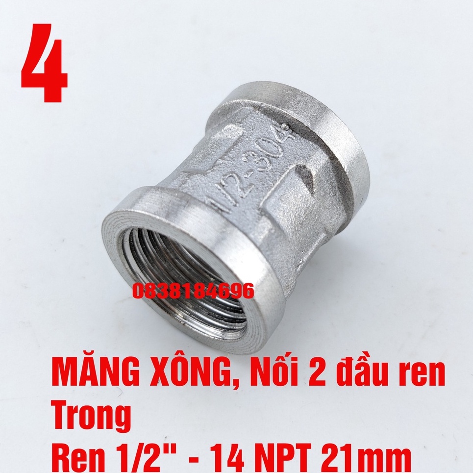 NỐI 2 ĐẦU RĂNG TRONG PHI 21 INOX, LOẠI DÀY. Măng xông Inox, đầu nối răng trong 21mm,2 đầu ren trong NK04