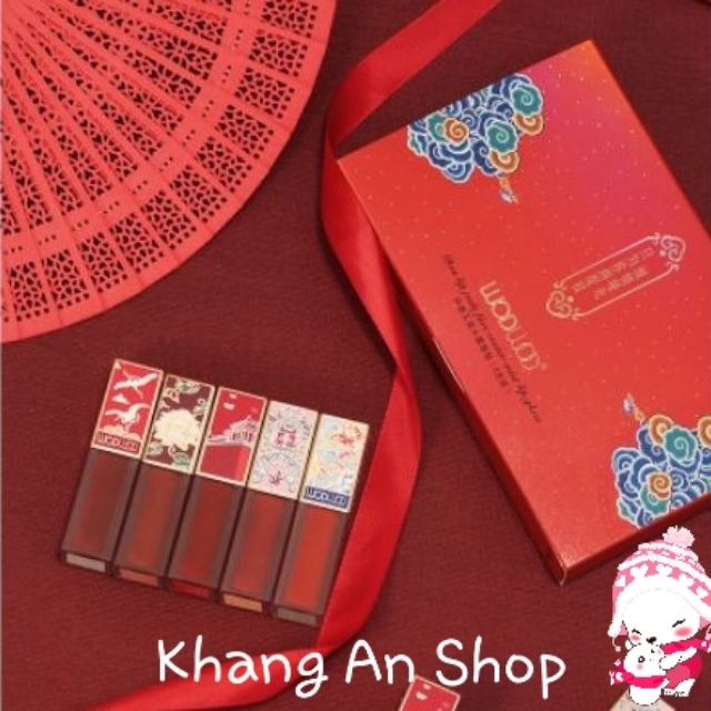 Set 5 thỏi son kem Hoàng Cung WODWOD Dan Lip Jade Face Water Mist Lip Glaze - nội địa Trung