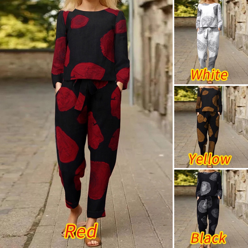 Bộ trang phục gồm áo cổ thuyền tay dài và quần dài lưng thun  ZANZEA bằng cotton họa tiết in ấn cho nữ