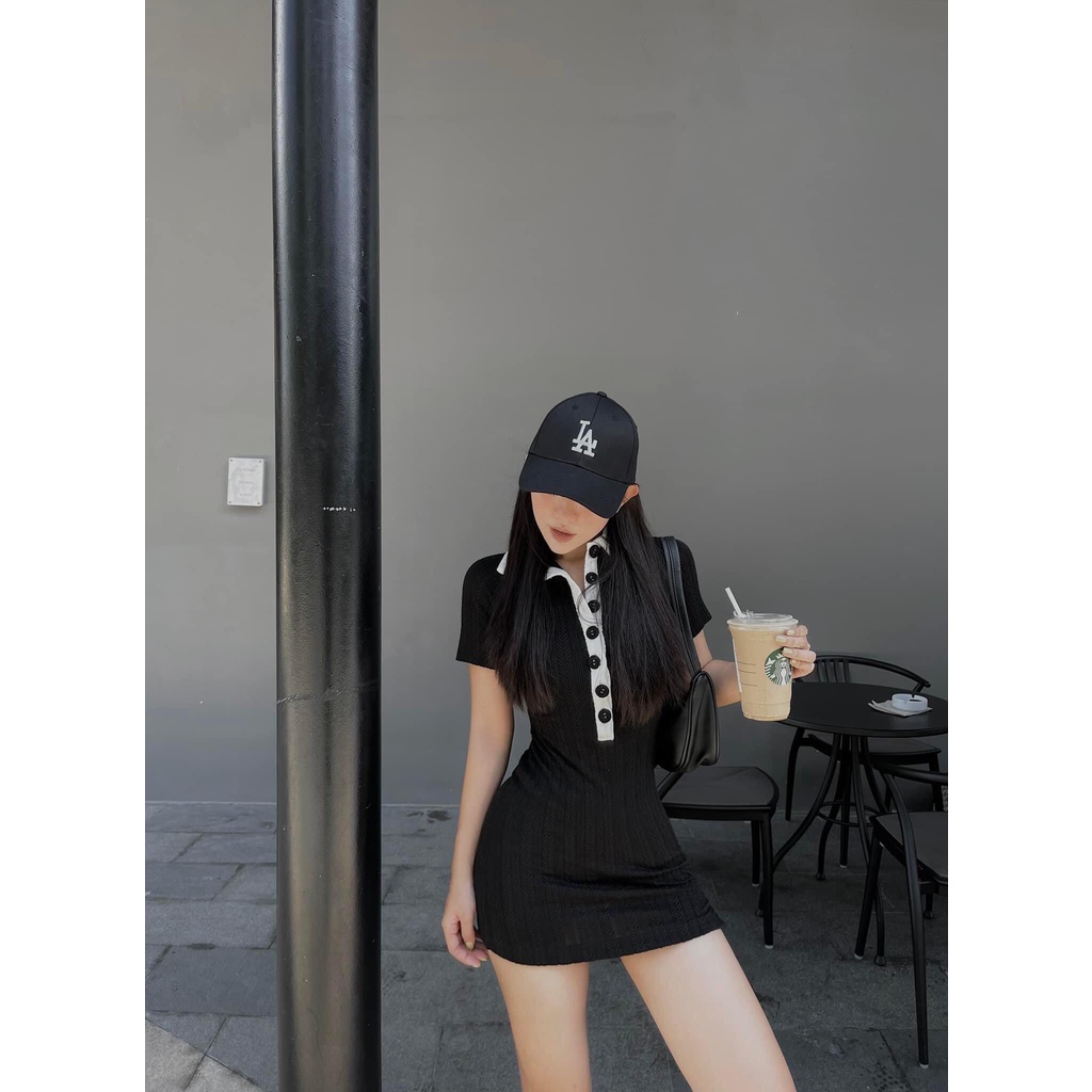 ĐẦM BODY THUN BÔNG LÚA CỔ POLO NÚT MÀU KÈM ẢNH THẬT