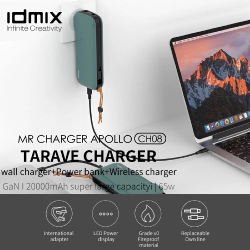 Sạc dự phòng 20000mAh PD 30W Kiêm Củ sạc tường IDMIX Mr Charger APOLLO CH08 PD 65W 1C-1A