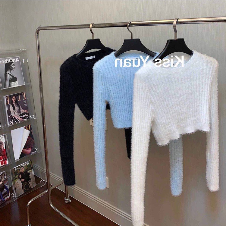 Áo Sweater Dệt Kim Tay Dài Cổ Tròn Vải Nhung Thời Trang Cho Nữ