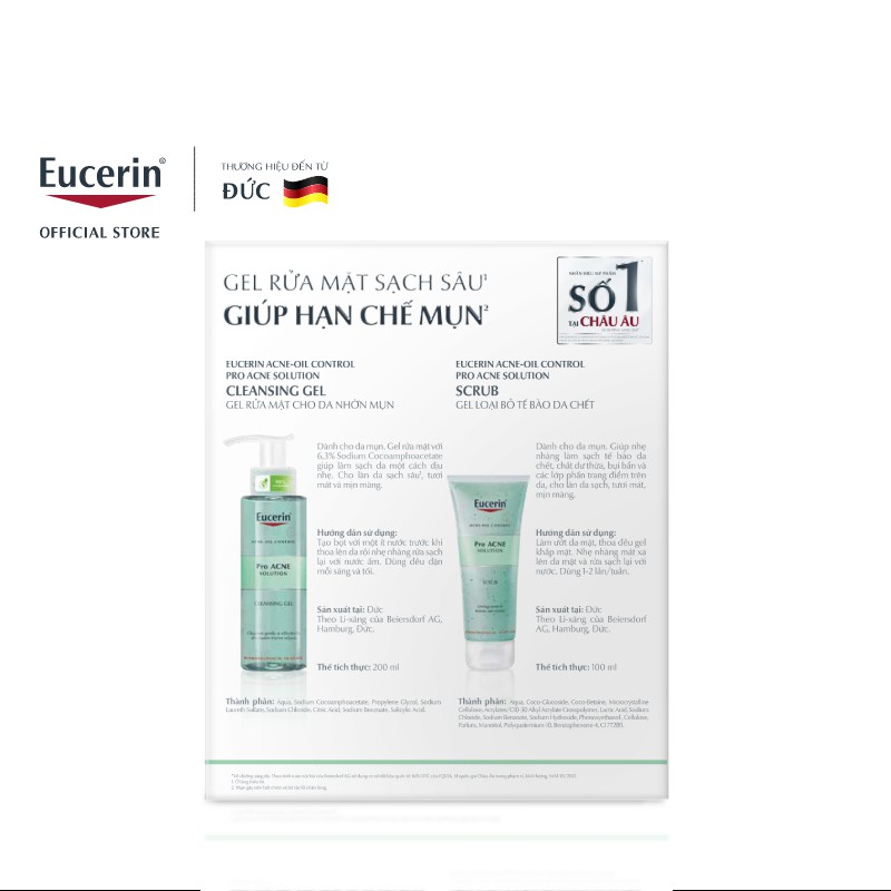 [Ưu Đãi 25%] Bộ sản phẩm giảm mụn Eucerin Pro Acne (Gel rửa mặt 200ml &amp; Tẩy tế bào chết 100ml