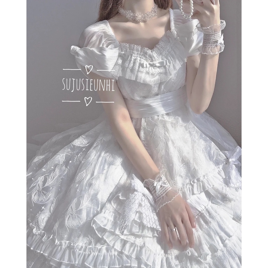 Set 2 chiếc vòng đeo tay ren voan bèo nhún đính nơ lolita huyền bí