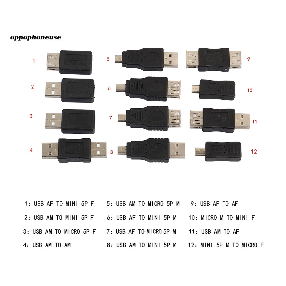 【OPHE】Bộ 12 Đầu Chuyển Đổi Usb 2.0 Đực Sang Cái Micro Usb Cái