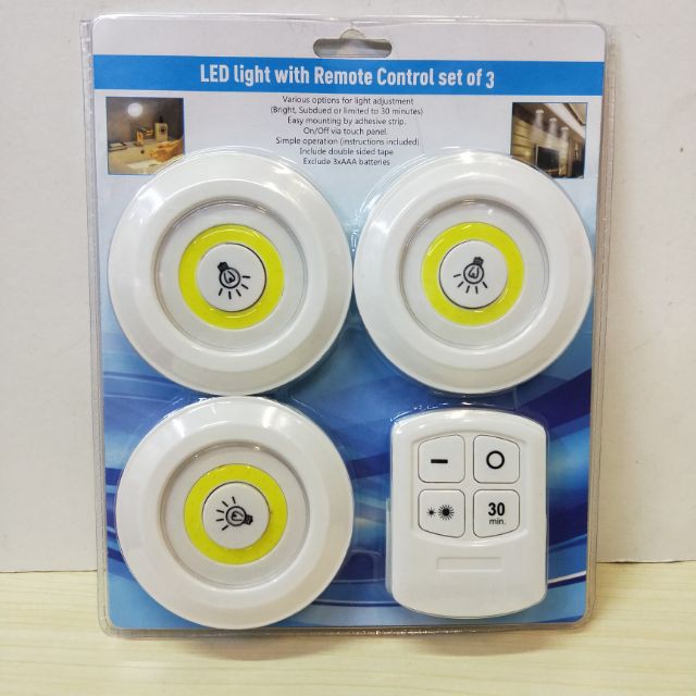Bộ 3 đèn LED mini gắn tường tủ kèm điều khiển từ xa, có chức năng hẹn giờ tắt 2 chế độ sáng