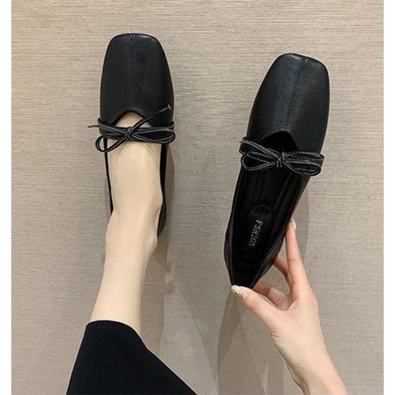Giày bệt búp bê da mềm mũi vuông đế dẻo phối quai nơ giá rẻ xinh xắn cho nữ - GB42