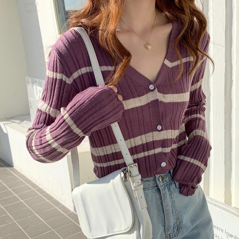 Áo Cardigan Dệt Kim Mỏng Tay Dài Kẻ Sọc Đơn Giản Thời Trang Hàn Quốc Cho Nữ