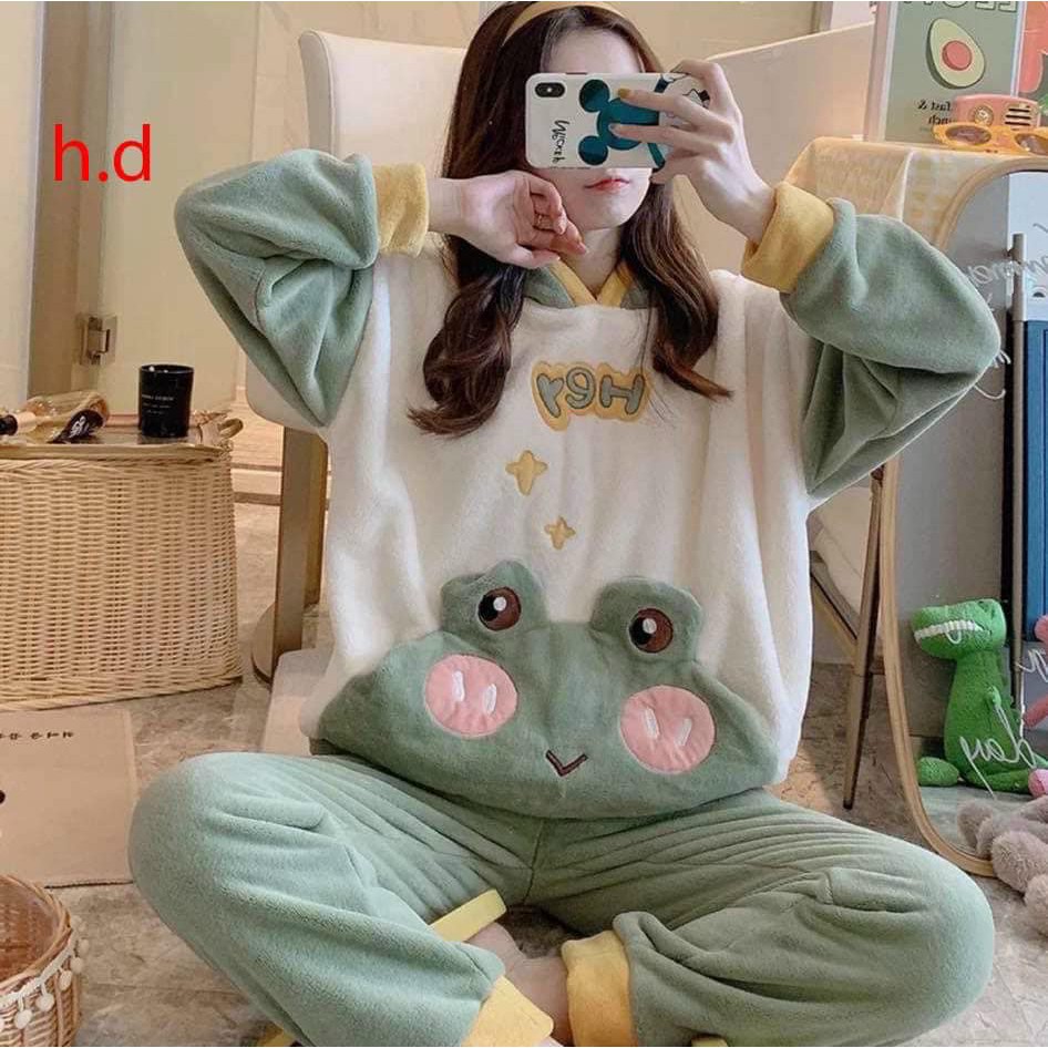 Bộ Ngủ Lông Mặt Gấu Dài Tay Dáng Rộng ,đồ ngủ tai gấu có mũ ,họa tiết xinh xắn ,chất dày ấm áp phù hợp cho mùa đông này