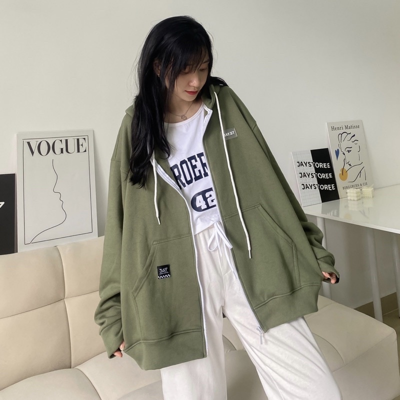 Áo Khoác Hoodie zip nỉ bông JAY.ST TAG CARO màu XANH RÊU 🖤 Nam nữ unisex 🖤 Áo Hoodie dây kéo form rộng Jaystoree