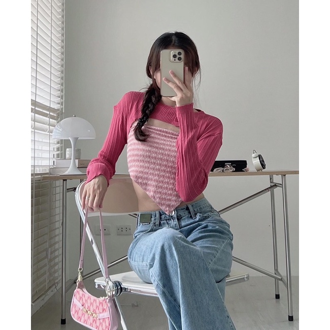 [Ảnh thật/Video]SET ÁO Mongtogi MIX CROPTOP QH siêu đẹp Set áo hai dây kèm cadigan Hàn Quốc