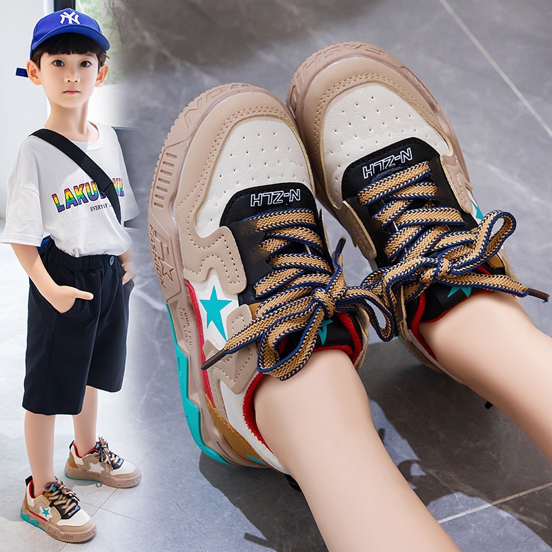 Giày thể thao bé trai bé gái, Giày Sneakers chất da PU siêu mềm dây rút đế cao su chống trơn gắn hình ngôi sao YNN85