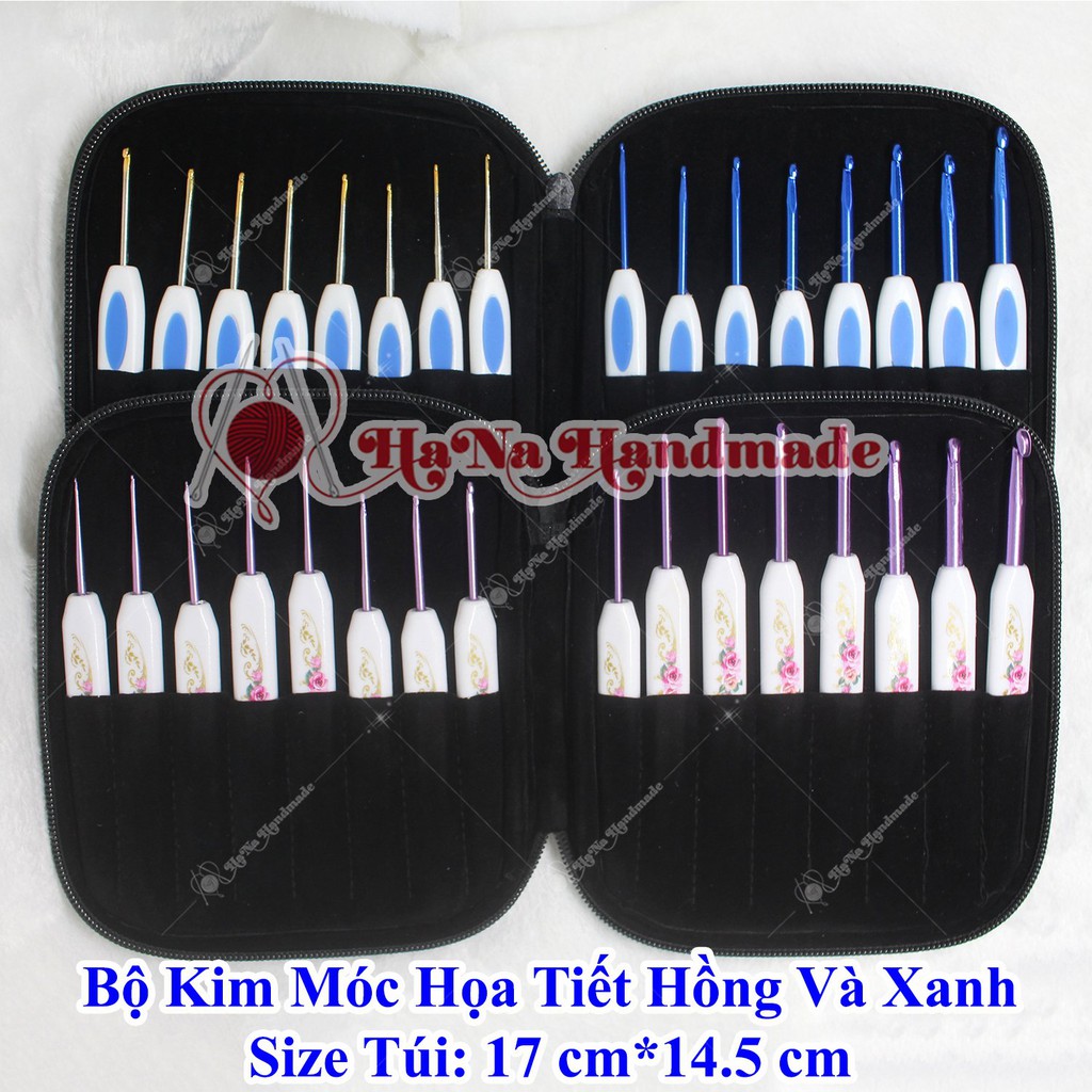 Bộ kim móc họa tiết hồng và xanh