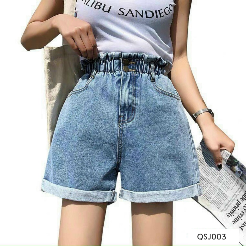 Quần short jean nữ lưng thun trơn vải bò cao cấp không giãn, quần đùi nữ ống rộng mẫu mới về, True Store, QJS003