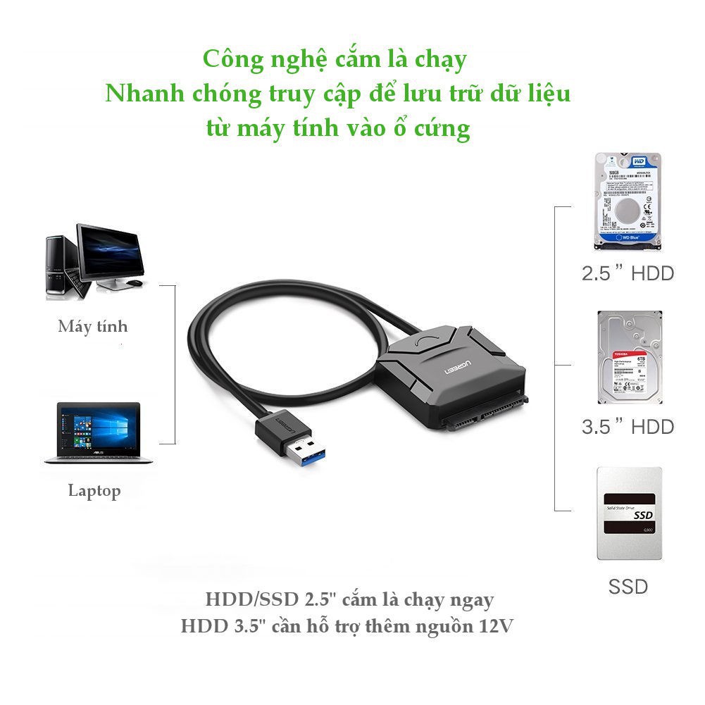 Cáp USB 3.0 To Sata Ugreen 20611 Dùng Cho HDD/SSD 2,5" 3,5" Có Nguồn Phụ ✔HÀNG CHÍNH HÃNG ✔