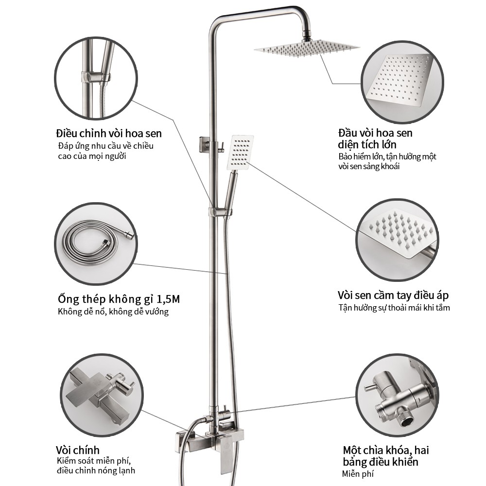 U-HOME Sen bộ tắm đứng nóng lạnh Bộ sen cây tắm đứng nóng lạnh Inox SUS 304（sang trọng）ST60-9511B