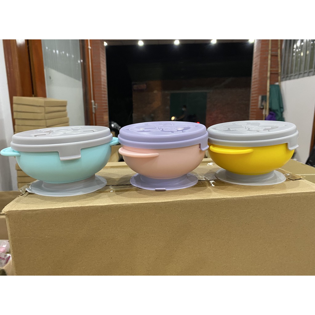 Bát Ăn Dặm inox Chống đổ Đế hút chân không,Hàng cao cấp inox 304 có nắp đậy cho bé