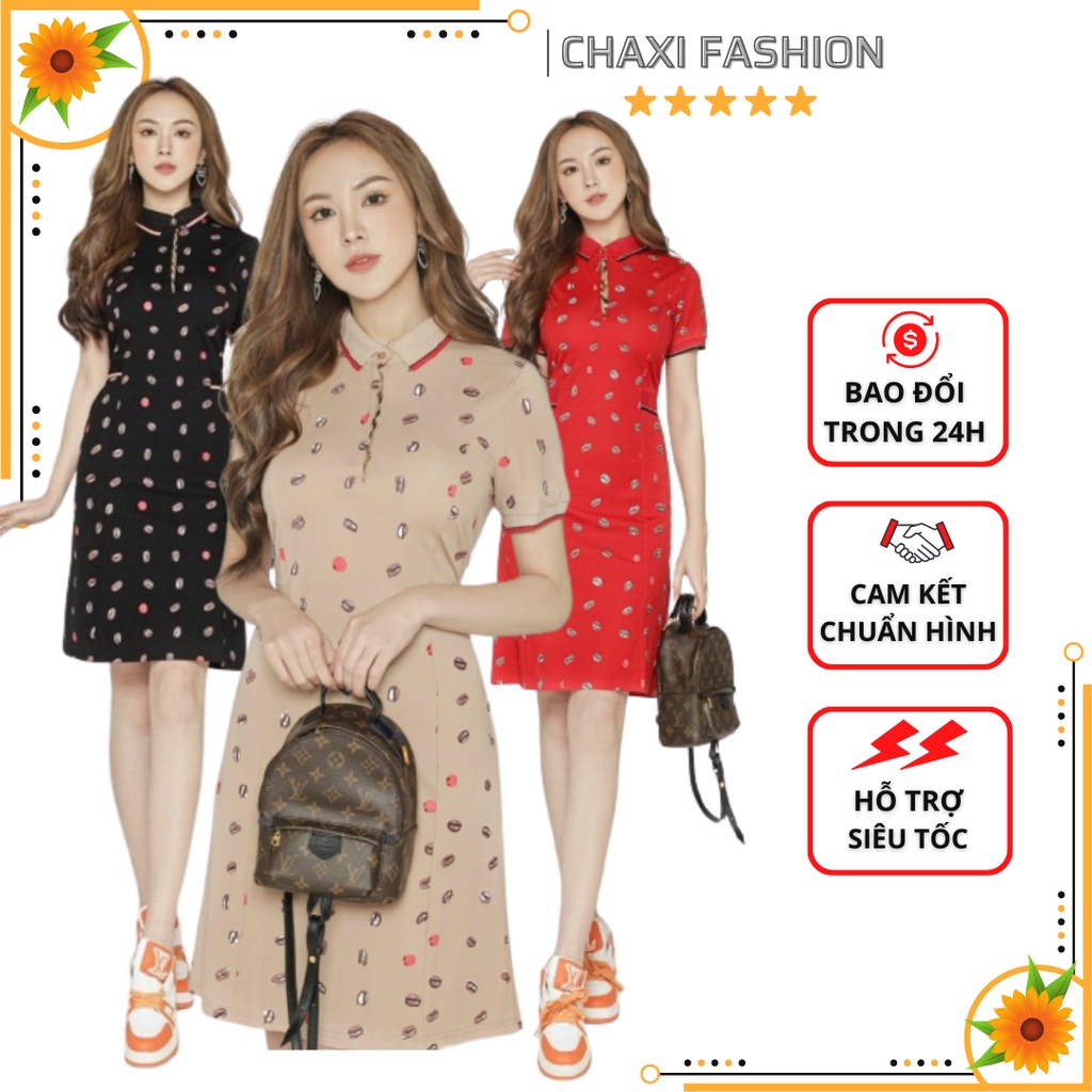 HÀNG NHẬP - ĐẦM SUÔNG THUN HỌA TIẾT NHÍ CỔ BẺ NGỰC CÀI NÚT CAO CẤP - KLCT502455