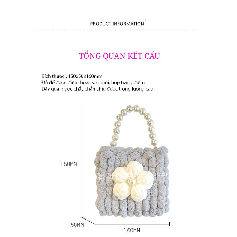 Túi Handmade,Túi DIY Len Tự Đan Hình Hoa 5 Cánh Đính Ngọc Ở Giữa Xinh Xắn