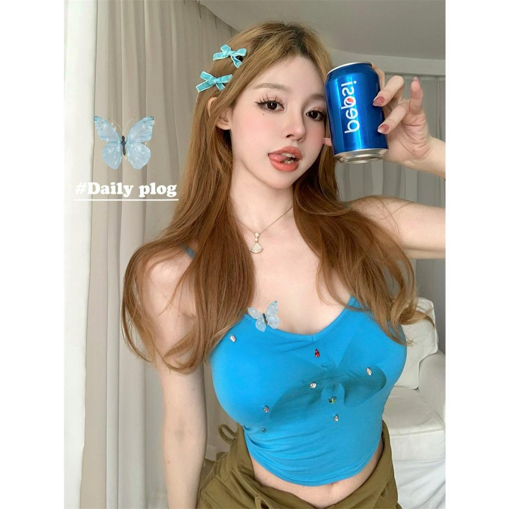 QKOOLE Áo Croptop Hai Dây Dáng Ôm In Họa Tiết Thắt Nơ Thời Trang Mùa Hè Quyến Rũ Cho Nữ