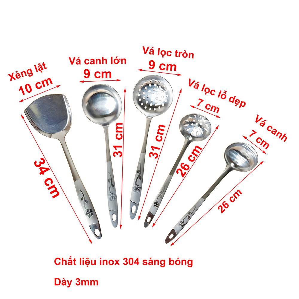 Vá múc canh, xẻng lật chiên xào thức ăn, vá lọc chất liệu inox 304 siêu bền dày 3mm, không hoen rỉ