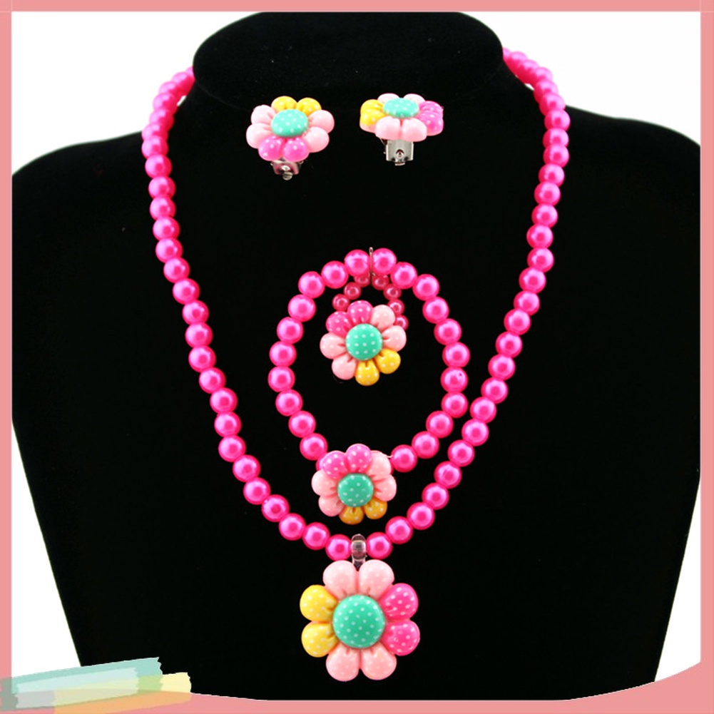 Bộ Trang Sức Gồm Vòng cổ / Vòng Tay / Nhẫn / Bông Tai Hình Hoa Đính Ngọc Trai Nhân Tạo Dễ Thương Cho Bé Gái