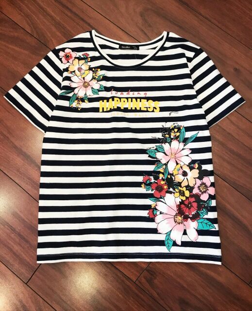 Áo thun sọc in hoa lá