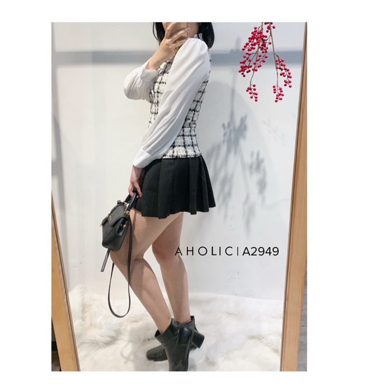 Áo phối dạ kẻ tay sơ mi cổ bèo nhún A3050Aholic