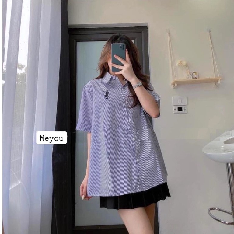 Áo Sơ Mi Kẻ Golf Tay Lỡ PEONYB Nữ [FREESHIP] 🌸 Thun polo form rộng thêu hình sọc màu XANH | TRẮNG cá tính Ulzzang 🌸