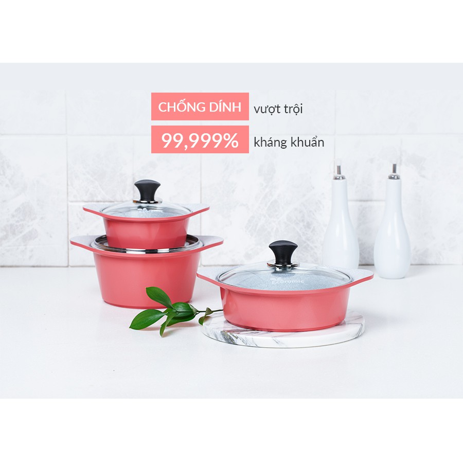 ECORAMIC (Dùng được bếp từ) -Bộ 4 nồi ceramic: nồi 1 tay cầm 18cm, Nồi 2 tay cầm 20-22-24cm tặng 1 cặp nhấc nồi sillicon