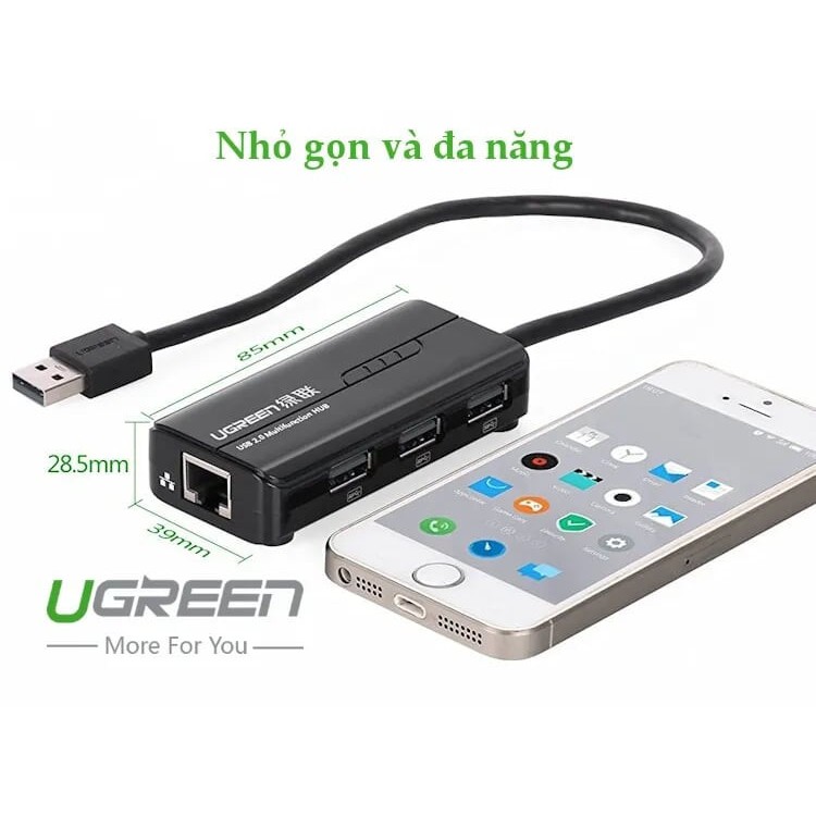 Cáp chuyển USB 2.0 sang LAN+3 cổng USB Cao Cấp Ugreen 20264 RC103 Chính Hãng màu đen