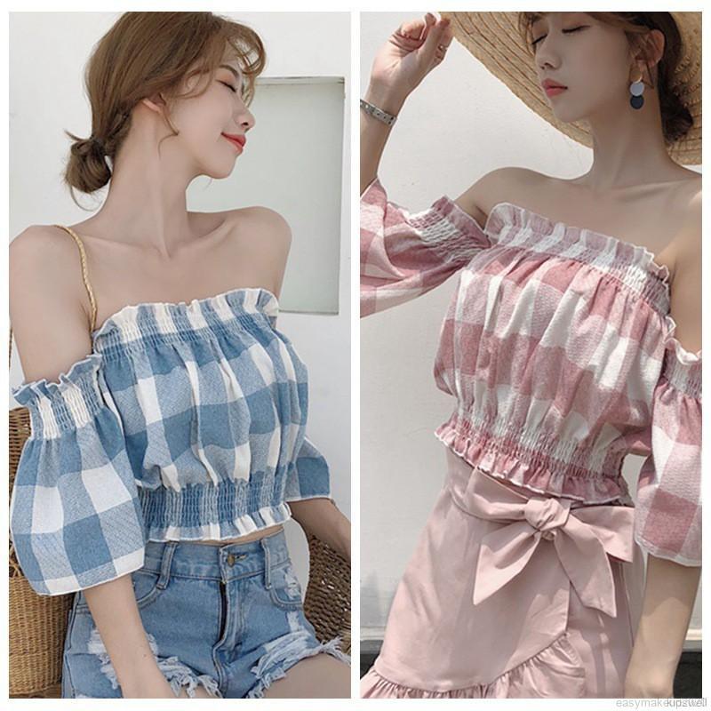 Áo Croptop Trễ Vai Kẻ Sọc Caro Xinh Xắn Cho Nữ