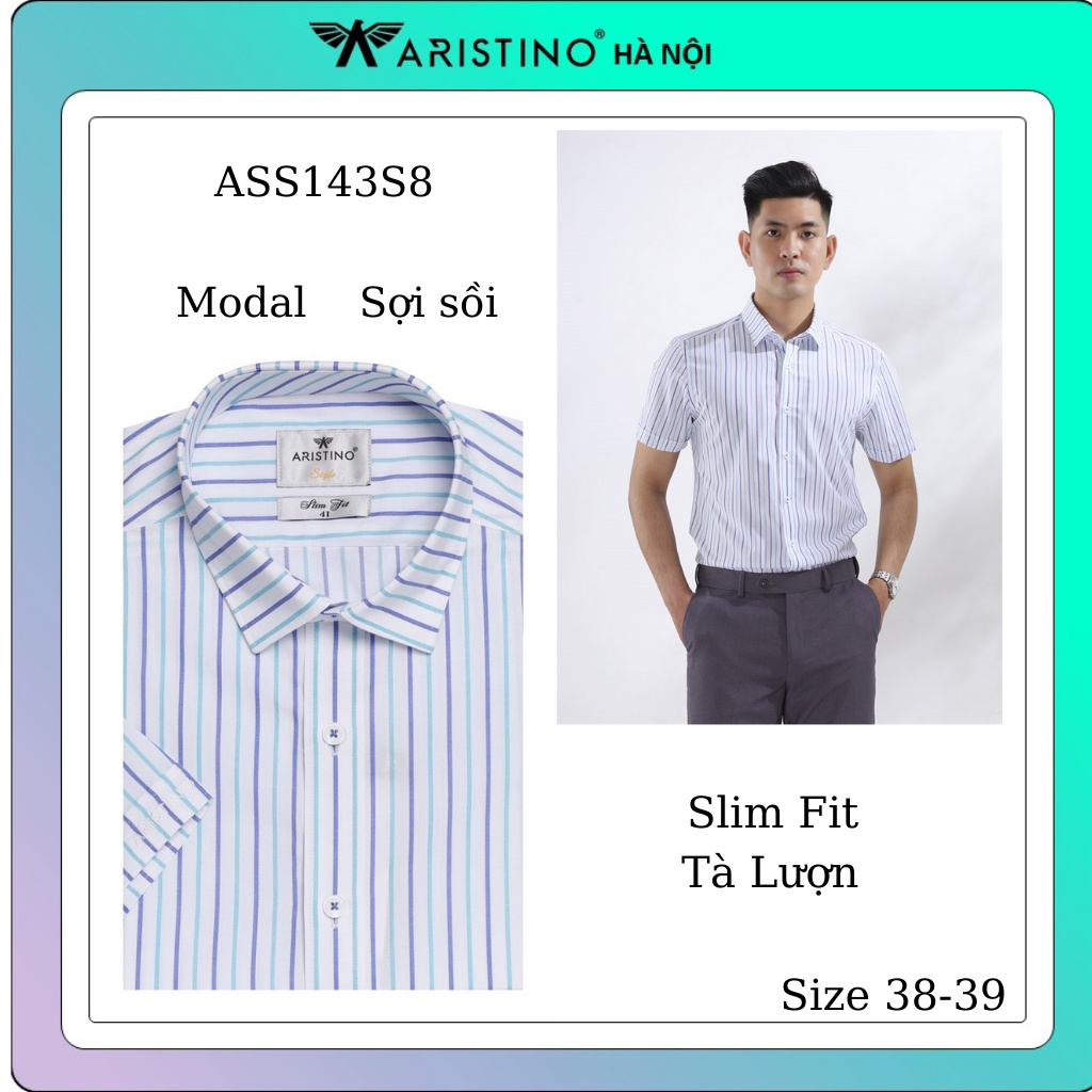 Áo sơ mi nam tay ngắn Aristino sợi sồi mềm mát , bền màu, tà lượn,slim ASS143S8(size 38/39)