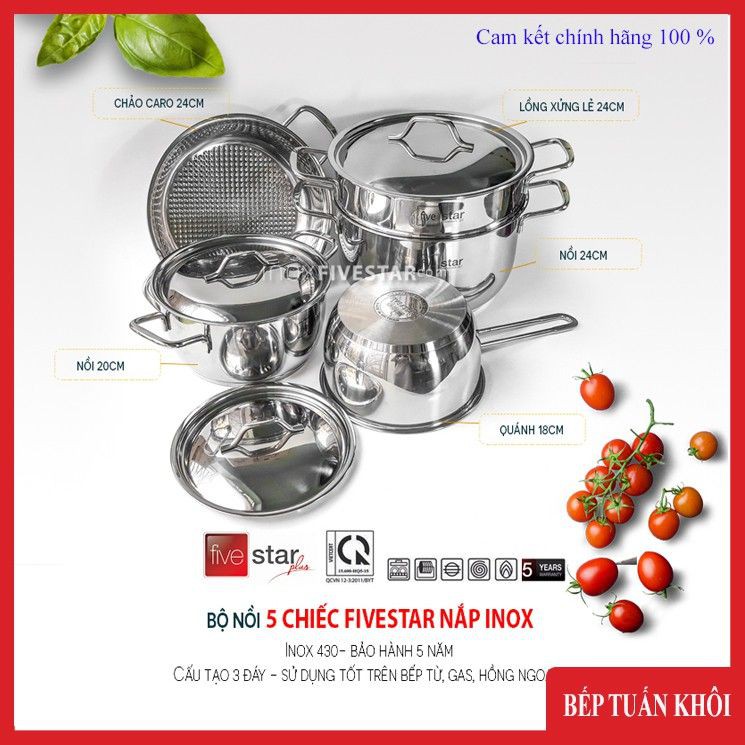 [HÀNG CHÍNH HÃNG]Bộ Nồi Inox 5 Chiếc Fivestar 3 đáy