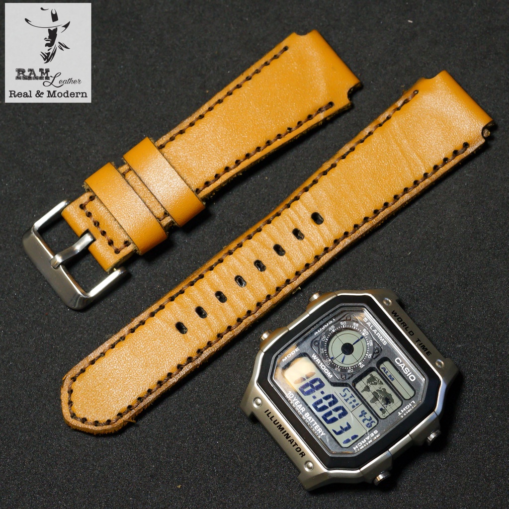 Dây Đồng Hồ Da Bò Cho Casio AE 1200 WHD và đồng hồ dây 18mm Bền Đẹp RAM Leather 1986