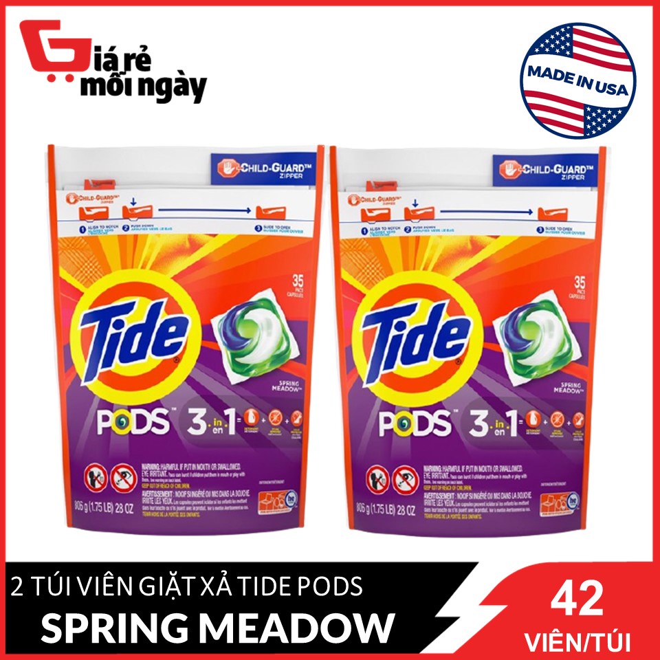 [Made in USA] Combo 2 túi viên giặt xả Tide Pods 3in1 Spring Meadow 42 viên/túiX2