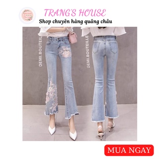 Có clip quần jeans ống loe lưng cao đính hoa cao cấp- shop trang quãng châu