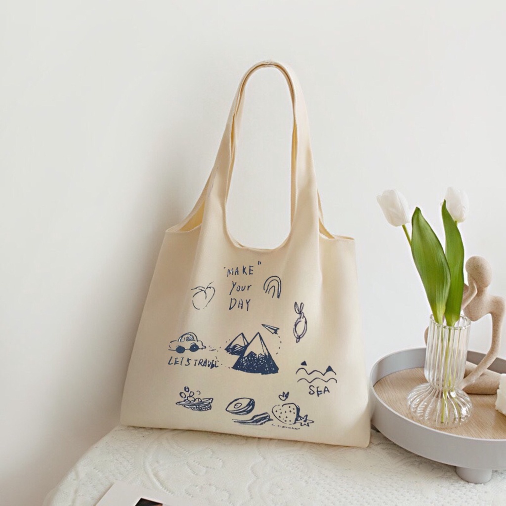 Túi tote Hazin túi vải canvas nữ Make Your Day đựng vừa laptop cỡ lớn đeo vai phong cách ulzzang