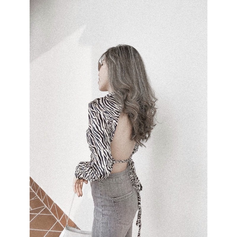 ÁO CROPTOP BEO NGỰA VẰN HỞ LƯNG ĐAN DÂY CỘT NƠ EO TAY DÀI KÈM ẢNH THẬT